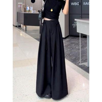 High-End European-Style Black Wide-Leg Pants for Women, 2026 Summer New High-Waisted Pleated Drape Casual Suit Pants