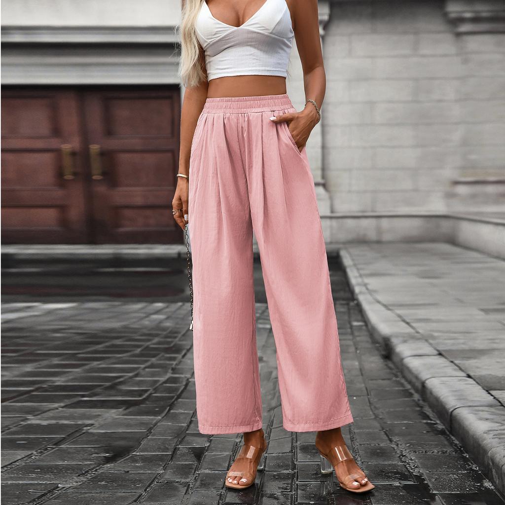 Women's Casual Fashion Solid Color Elastic Waist Pocket Wide Leg Straight Leg Cropped Pants