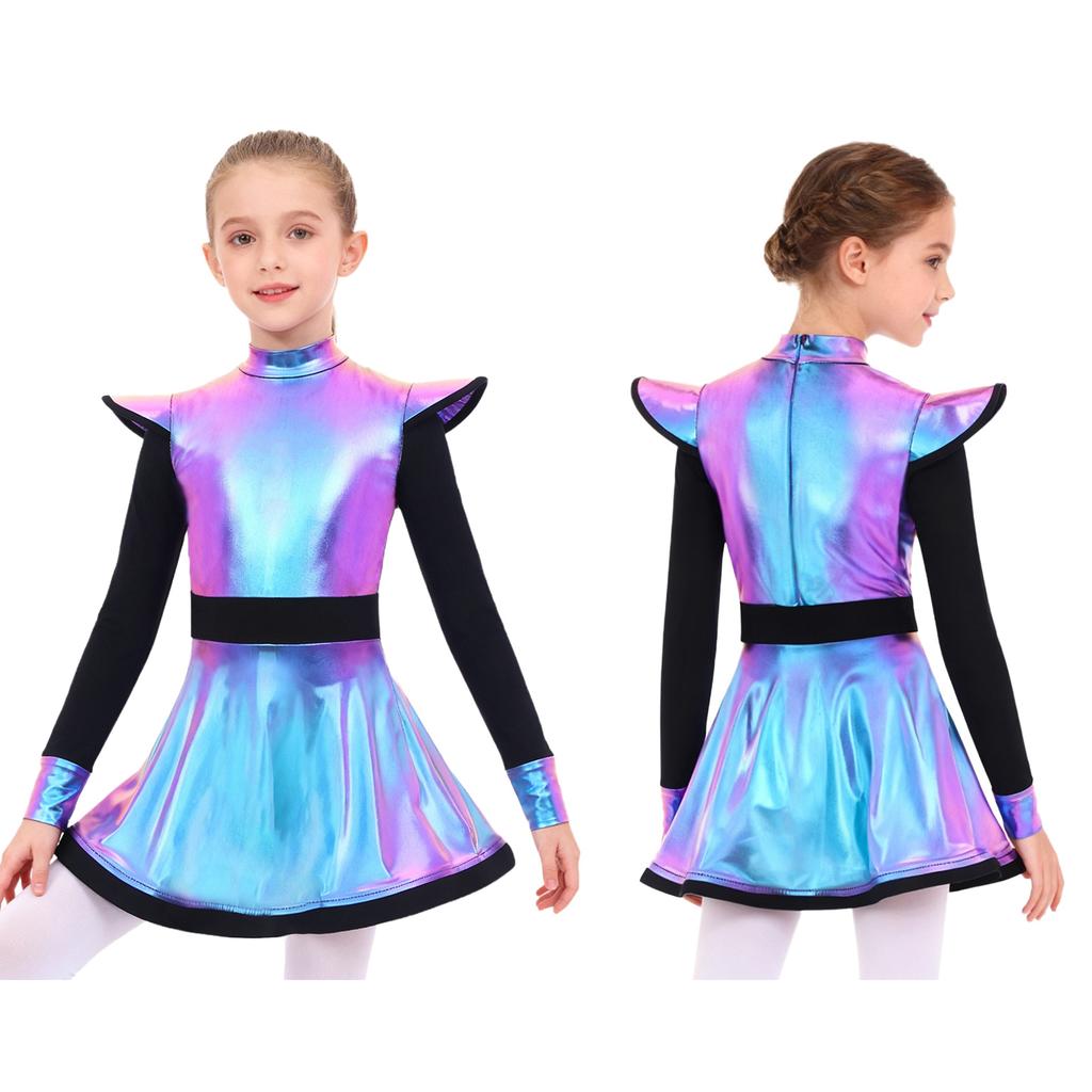 Vestido de Festa Alienígena para Meninas Brilho Metálico Patchwork Gola Alta Manga Longa Zíper Invisível Vestido Shorts