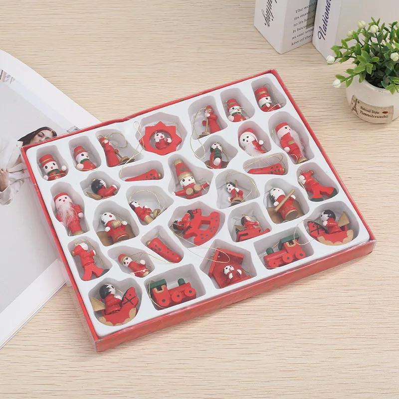 30pcs/set Wooden Christmas Tree Ornaments Set Cartoon Hanging Colorful Gift Boxed Natural Wood Decorations for Xmas Home Party