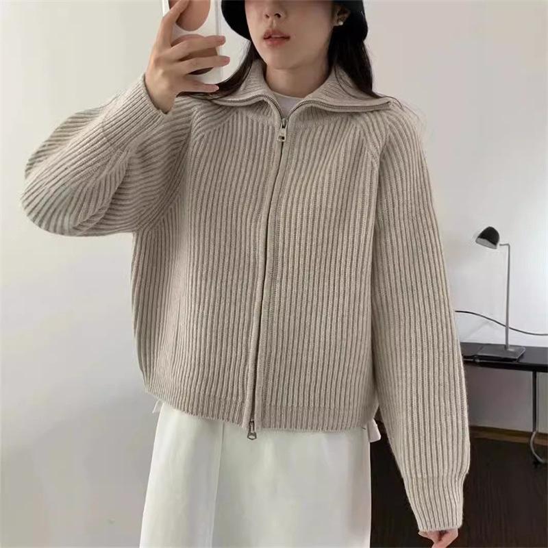 Women's Autumn and Winter Loose Lapel Double Zip Knitted Cardigan Sweater