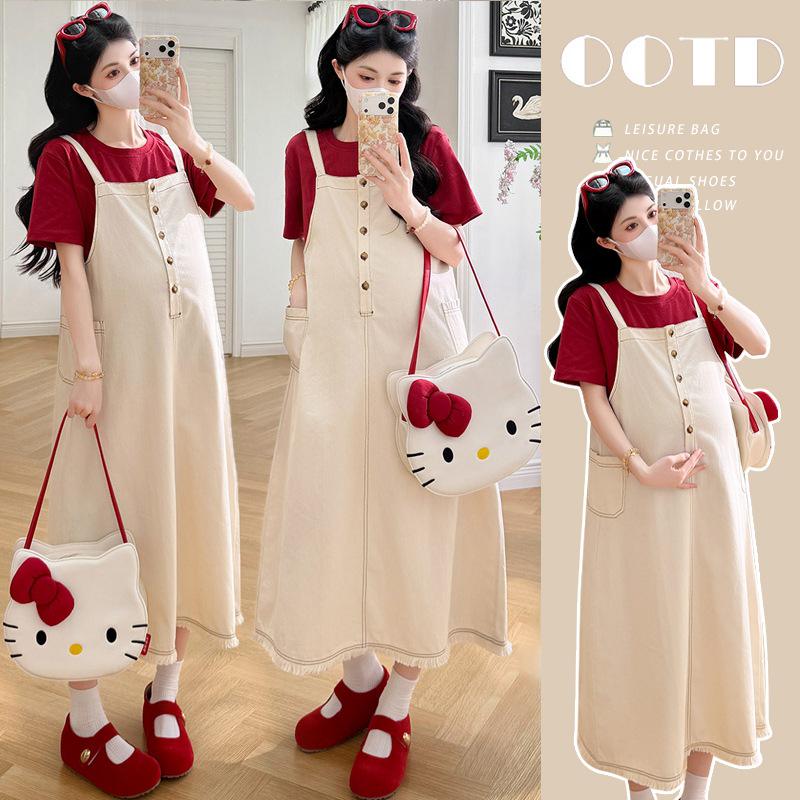 

2026 Korean Casual Maternity Overalls Dress & T-Shirt Set XL