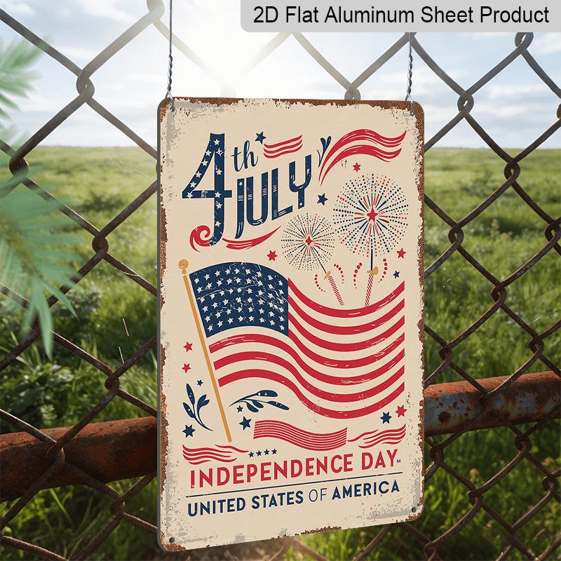 2D Flat Vintage 4th of July Independence Day Aluminum Wall Art Sign - Patriotic American Flag Design with Fireworks & Stars, Rustic Home Decor for