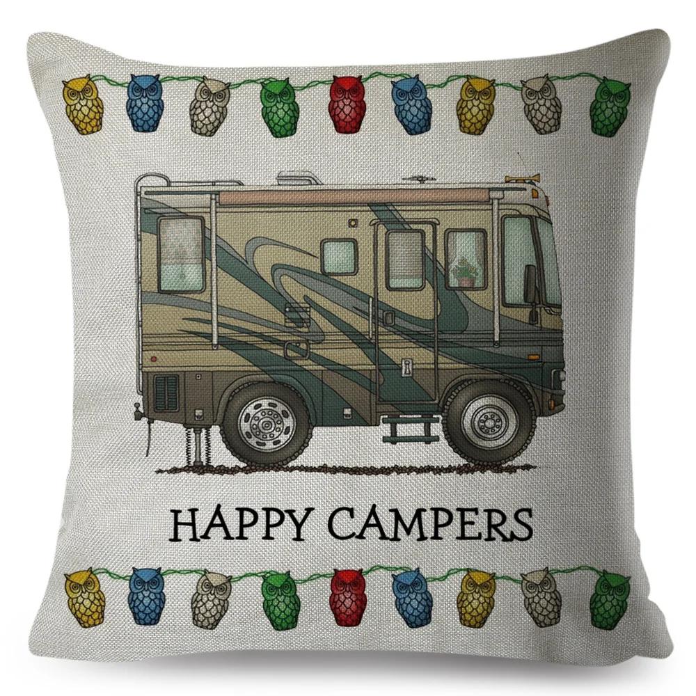 Happy Camper Pillowcase Decor Cartoon Travel Car Printed Pillow Case for Home Sofa Children Room Polyester Cushion Cover 45x45cm