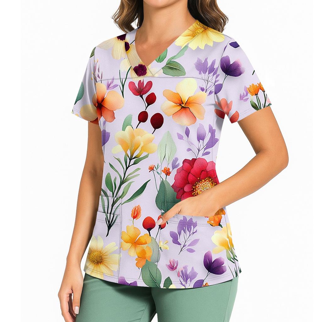 Damen Casual Bedrucktes V-Ausschnitt Taschen Seitennaht Schlitz Kurzarm Top