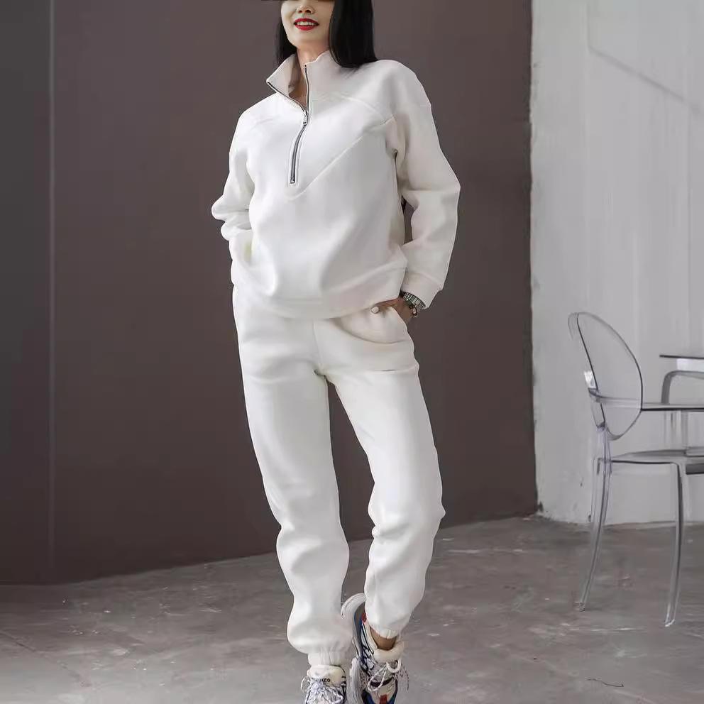 Spring and Autumn Fashion Casual Hooded Sweatshirt Two-piece Set Long Sleeve Solid Color Fleece Retractable Feet Casual Set