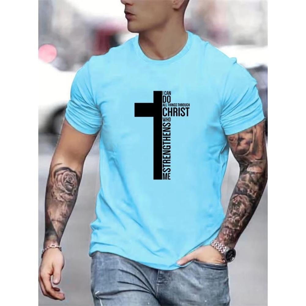 Męska letnia koszulka bawełniana 100% modna z nadrukiem graficznym krzyża, luźna, duża, casualowa, z okrągłym dekoltem i krótkim rękawem