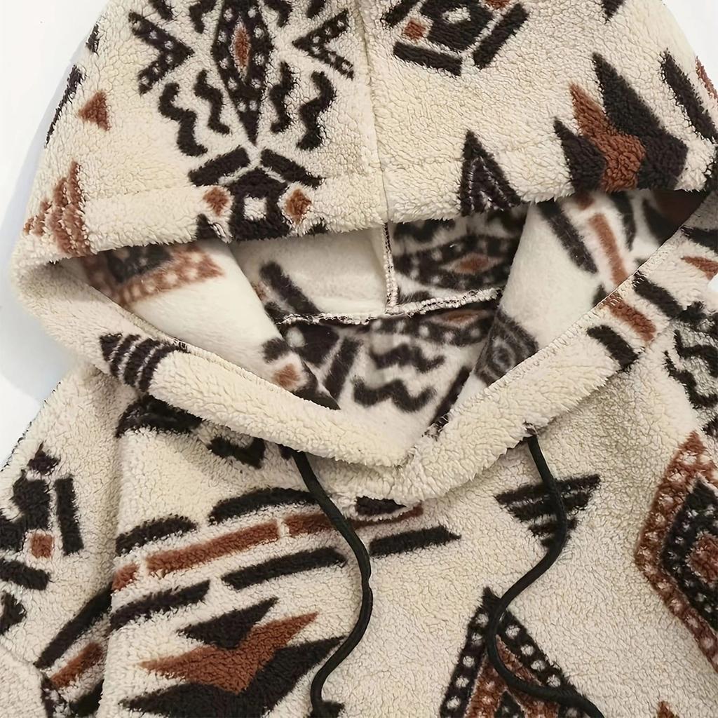 Men's Hoodies Ethnic Style Contrast Binding  Pocket Loose Pullover Fuzzy Hoodie
