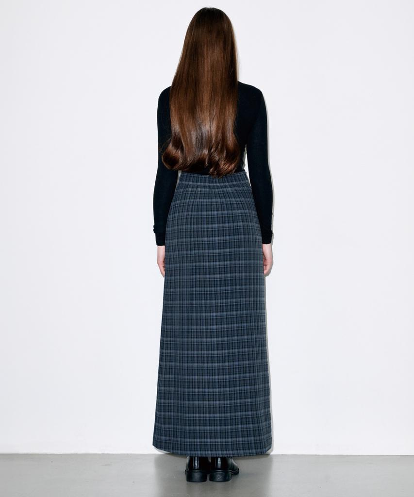 Koldeubeullaengkis Asymmetrical Long Check Slit Skirt Navy