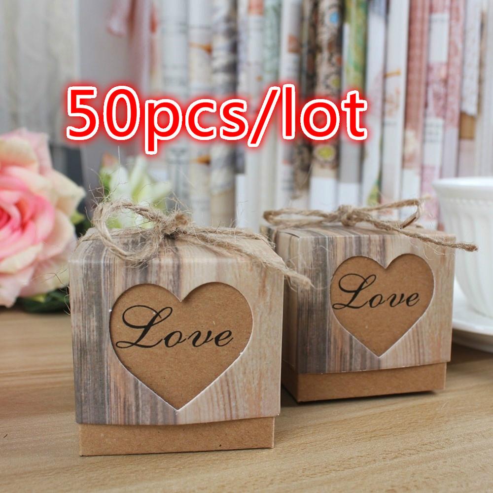 50pcs Romantic Heart Vintage Kraft Candy Box with Burlap Twine for Wedding Decoration