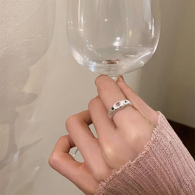 Irregular Texture Pink Diamond Love Ring Female Ins Wind Senior Sense Niche Personality Sweet Lava Texture Opening Casual Dainty Minimalist Ring