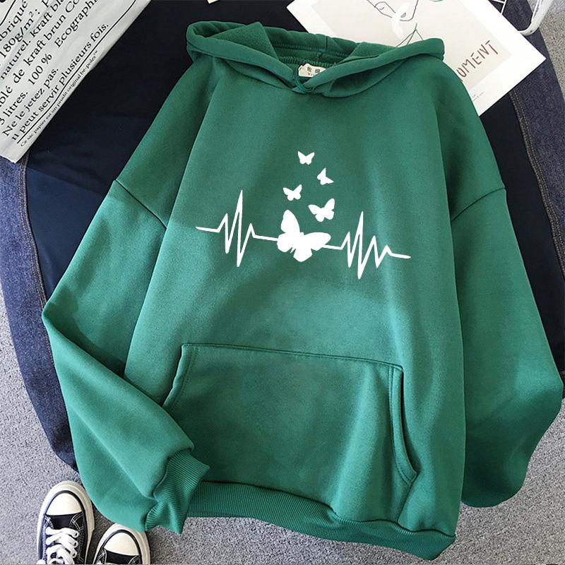 Fashion Butterfly and Heartbeat Graphic Print Kangaroo Pocket Hoodies Women's Autunm Winter Sweatshirts Hooded Clothes