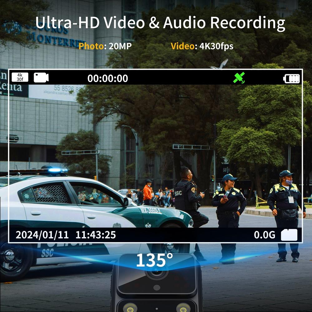 4K Wearable Body Camera, WiFi Action Camera, Night Vision, Waterproof, 2.0-inch IPS Touchscreen