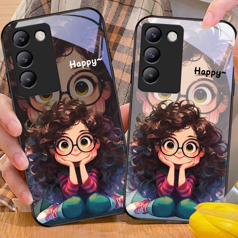 Mädchen mit lockigen Haaren Für Y72 33S 11 03 36 96 Lite 35 16 Iqoo 12 V40 SE 5G 29 40 21 30 X80 Pro Vivo Gehärtetes Glas Handyhülle Schwarz