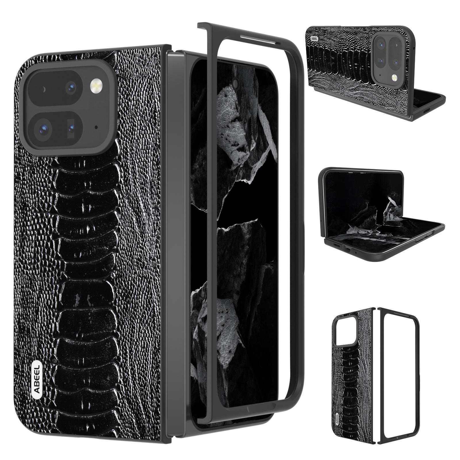 

ABEEL For Google Pixel 9 Pro Fold 5G Case Crocodile Texture Genuine Cow Leather+PC Phone Cover Black