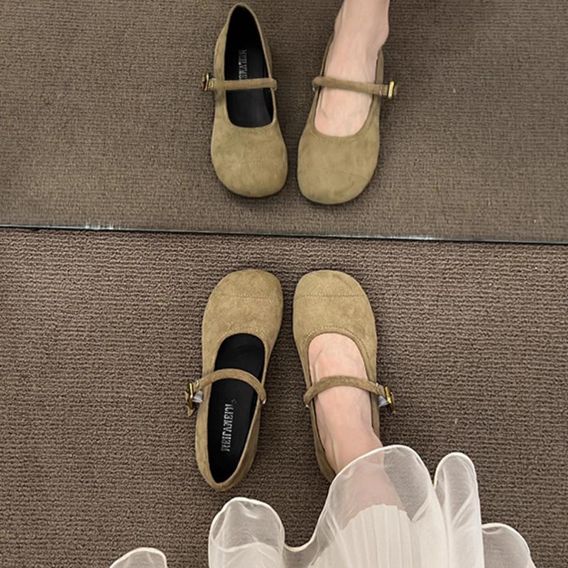 Spring new suede fairy with skirt shallow mouth single shoes retro round head flat bottom buckle temperament women's shoes