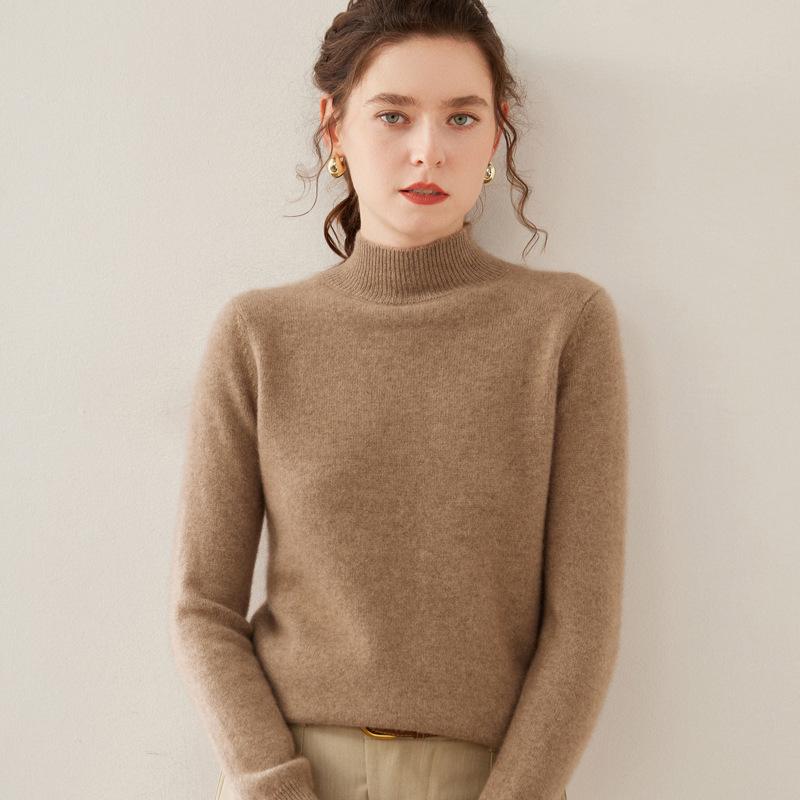 Women's Double-Ply Wool Knitwear – Thick, Soft Cashmere Half-High Collar Sweater for Autumn & Winter.