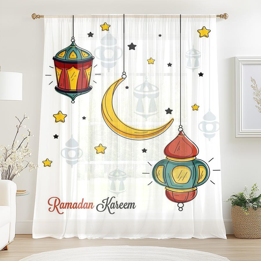 

1PC Ramadan Kareem Sheer Curtain Colorful Lantern Moon Star Islamic Festival Window Drapes Light Filtering for Living Room decor 39Wx51L(60x150CM)&Rod Pocket