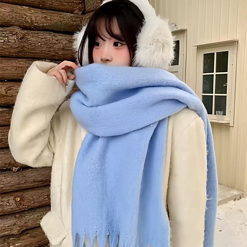 Iceland sea salt blue scarf women's autumn and winter new mohair solid color versatile scarf warm imitation cashmere shawl