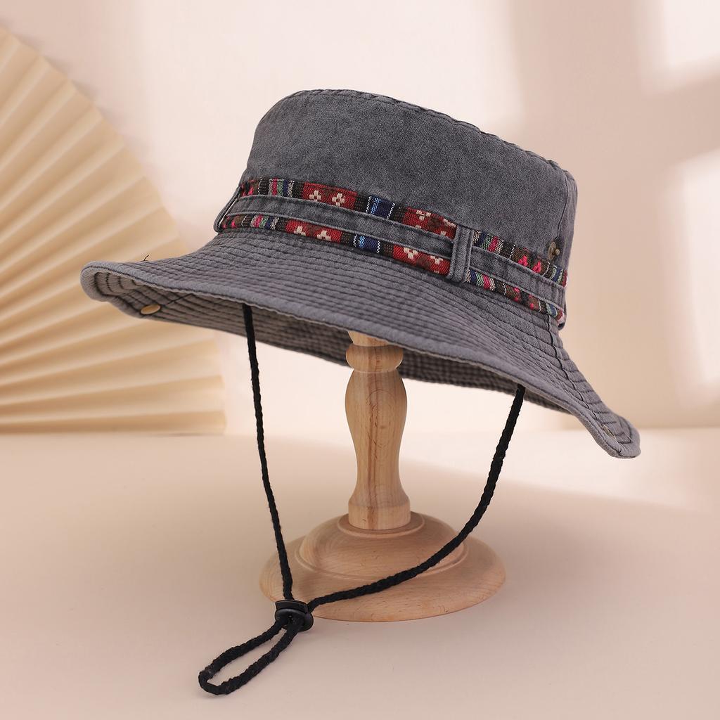 Spring and Autumn Water-washed Embroidered Ethnic-style Fisherman's Hat with Adjustable Strap and Sunshade Basin Cap