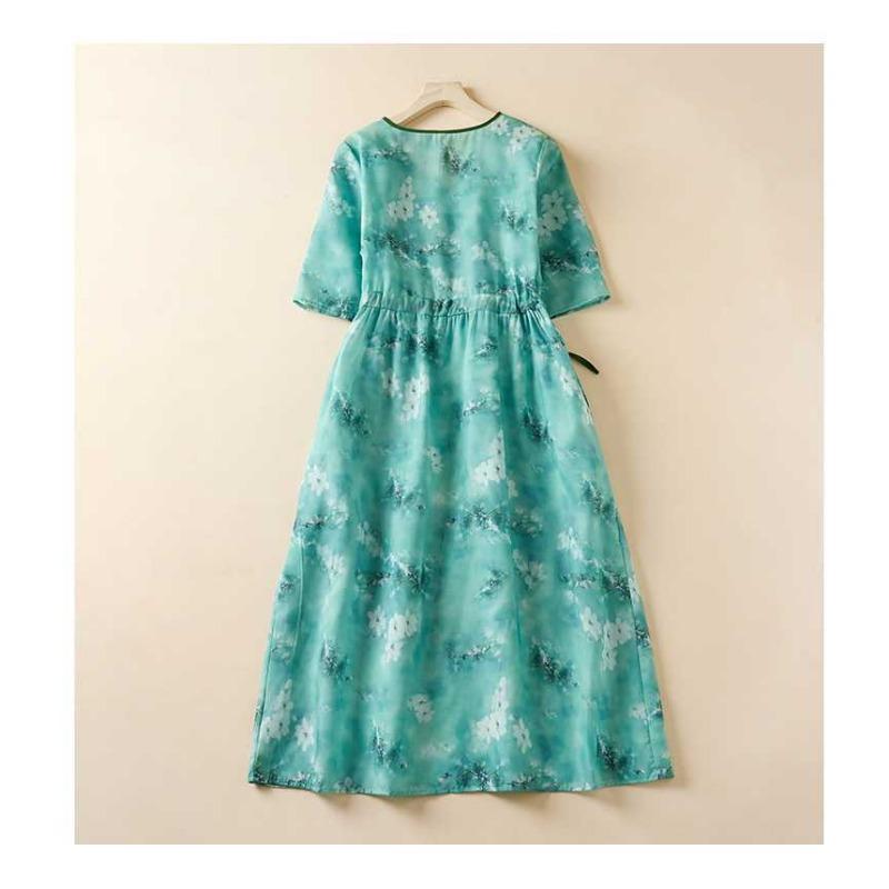 Spot Summer V-neck High-end Ramie Original Women's Clothing Waist Thin Dress Thin Retro Cotton and Linen Skirt