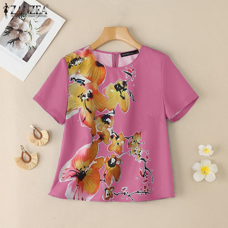 ZANZEA Women Floral Print Summer Casual Round Neck Short Sleeve Blouse