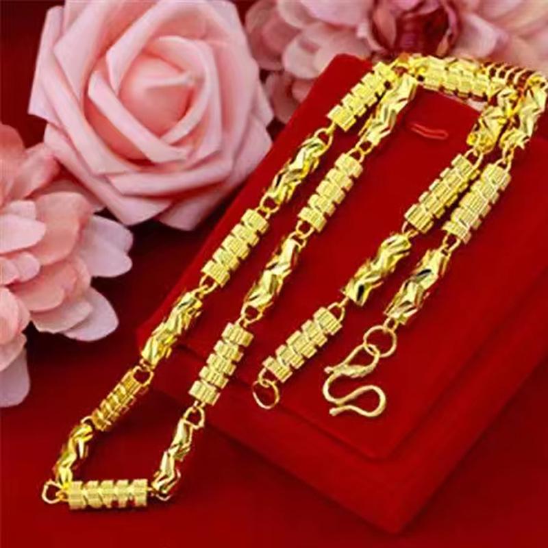 Vietnam Sand Gold Men s Hexagonal Bamboo Necklace, Brass Gold Plated, Carved Flower Design, Adjustable. 8mm 60cm ~141g