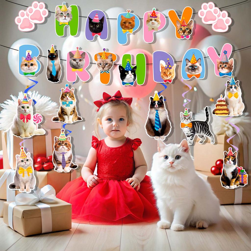 Cat Party Decoration Banner Swirl, 9 Pieces Cat Hanging Swirl Decorations, Cat Birthday Banner Cat Party Hanging Swirl