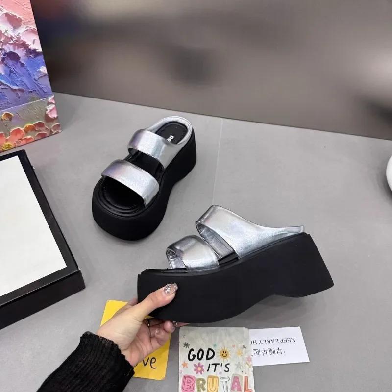 Fashion 2025 New Summer Women Slippers Flip-Flops Ladies Wedge Heels Shoes Woman High Platform Beach Slipper Outside Black Sandals 9CM