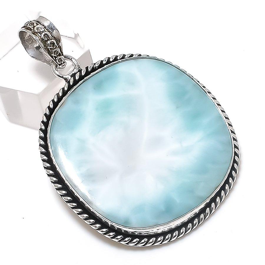 Natural Larimar Gemstone Handmade 925 Sterling Silver Jewelry Pendant 2.05" K6G21