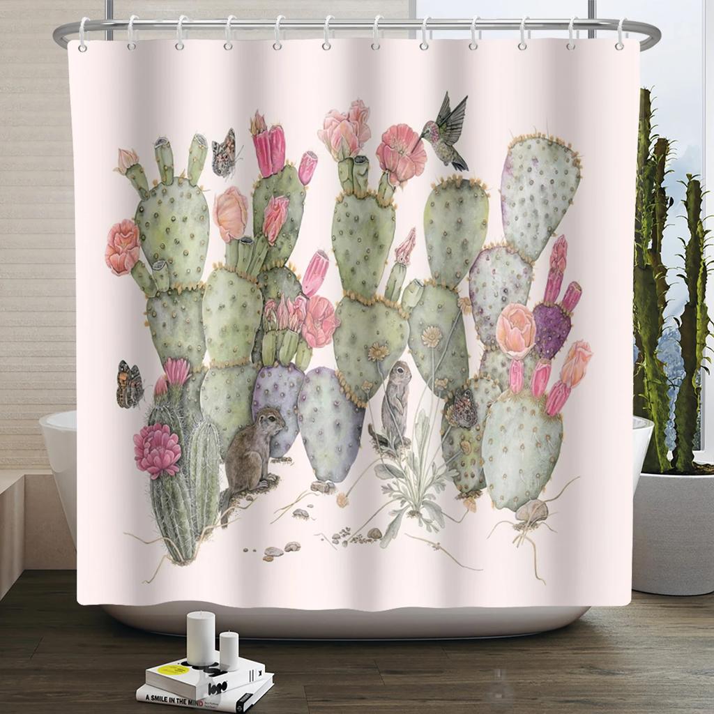 Tropical Cactus Print Shower Curtain Boho Plant Pattern Waterproof Fabric Shower Curtains Modern Bathroom Decor With Hooks