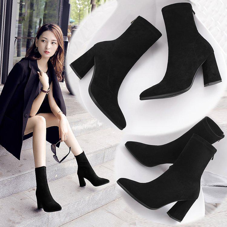 "2022 Early Spring European/American Knitted Elastic Boots: Mid-Tube Skinny Socks, Pointed High Heeled, Thick Short Women's Boots"