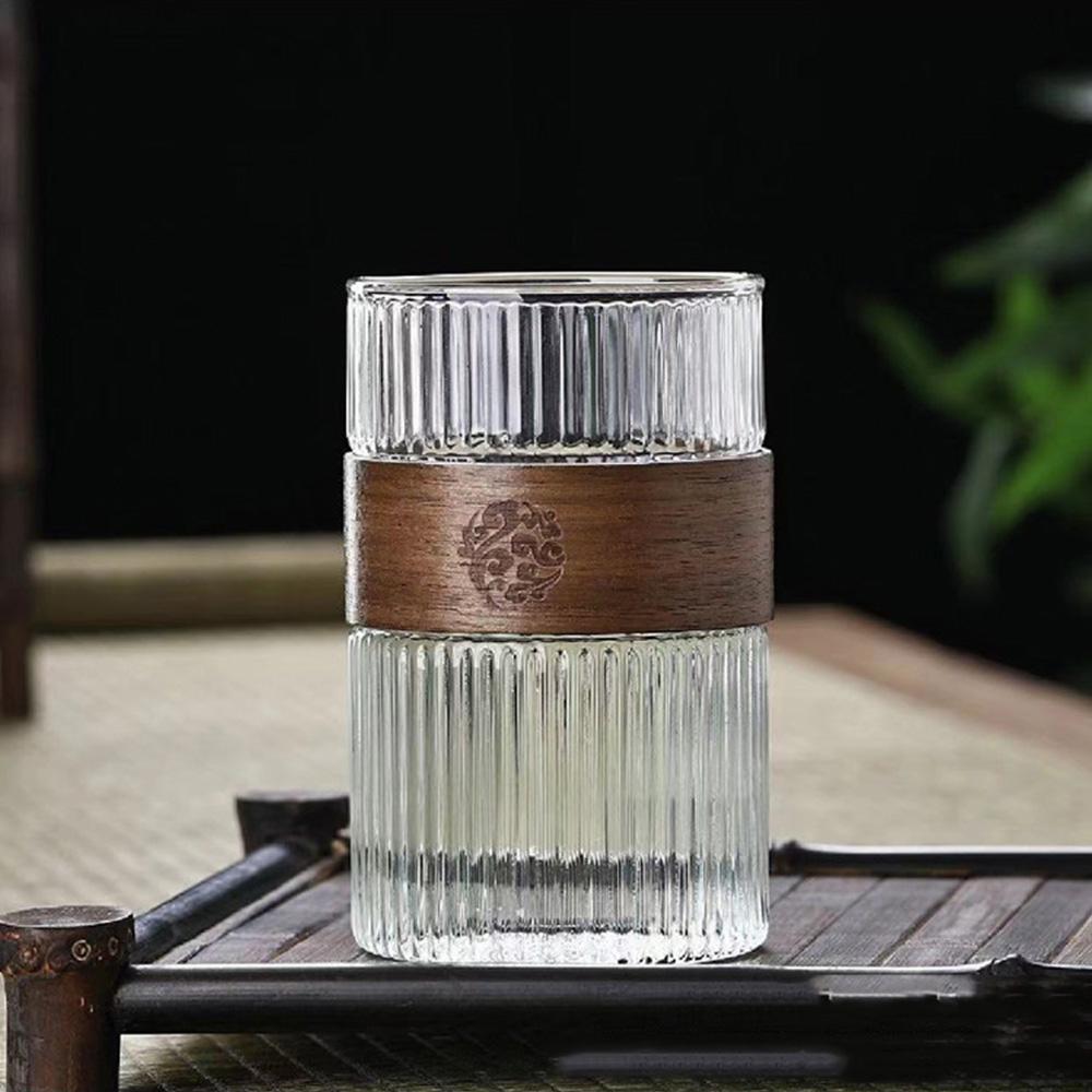 400ML Japanese Style Glass Water Cup with Walnut Cup Sleeve Coffee Milk Tea Cup Simple Striped Beer Mug Drinkware Coffeeware
