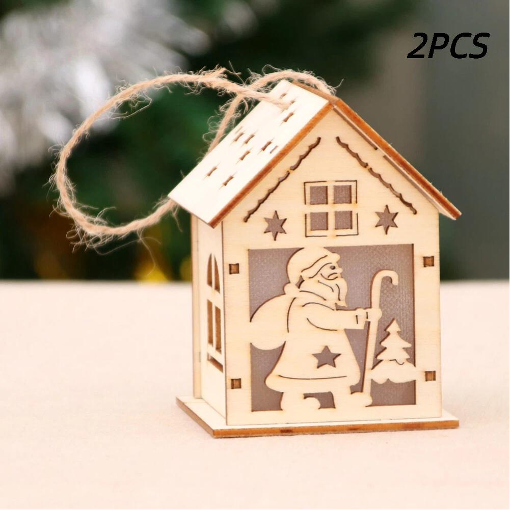 Christmas Tree Ornament, 2pcs Wooden Luminous Pendant Christmas Creative Small House Pendant for Xmas New Year  Home Party Decor
