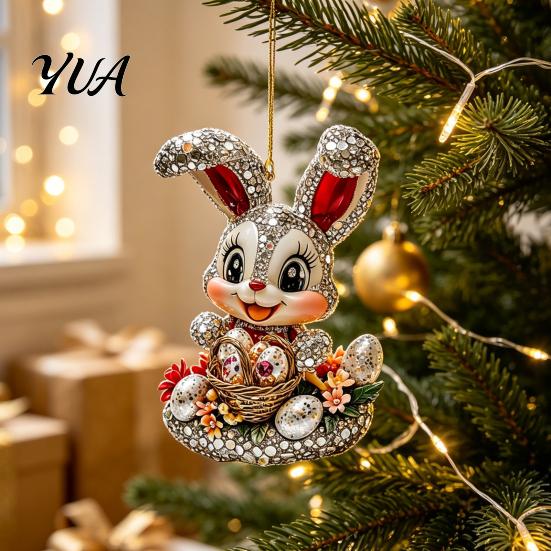 Easter Party Hanging Decor Bunny Acrylic Pendant, Cute Rabbit with Basket, 2D Car Animal Pendant Rearview Mirror Ornament, Bag Keychain Accessory,