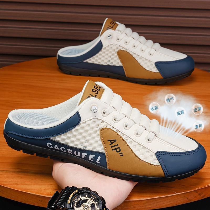 Fashion Men's Slippers Summer Mesh Breathable Casual Shoes Soft Sole Support Half Slippers for Men Baotou Half Slippers Sneakers