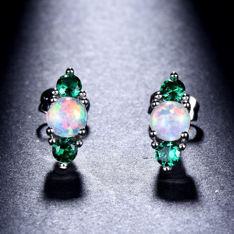

Internet celebrity simple cold wind s round opal with diamond stud earrings women s exquisite small jewelry 925 silver
