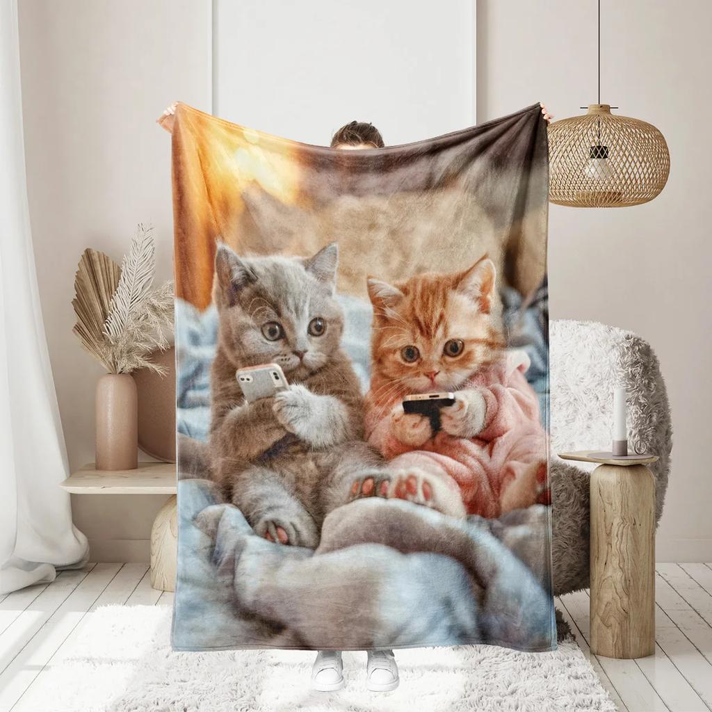 1pc cute cat animal print blanket, thickened flannel, warm, skin-friendly, soft, sofa blanket, bed blanket for all seasons
