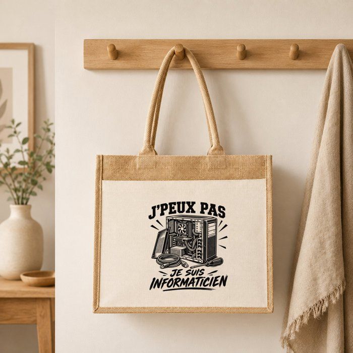 Sac Cabas Jute avec Poche J’peux pas je suis Informaticien J'peux pas minimaliste | Toile de Jute et Coton 21 L Fond Plat Anses 65