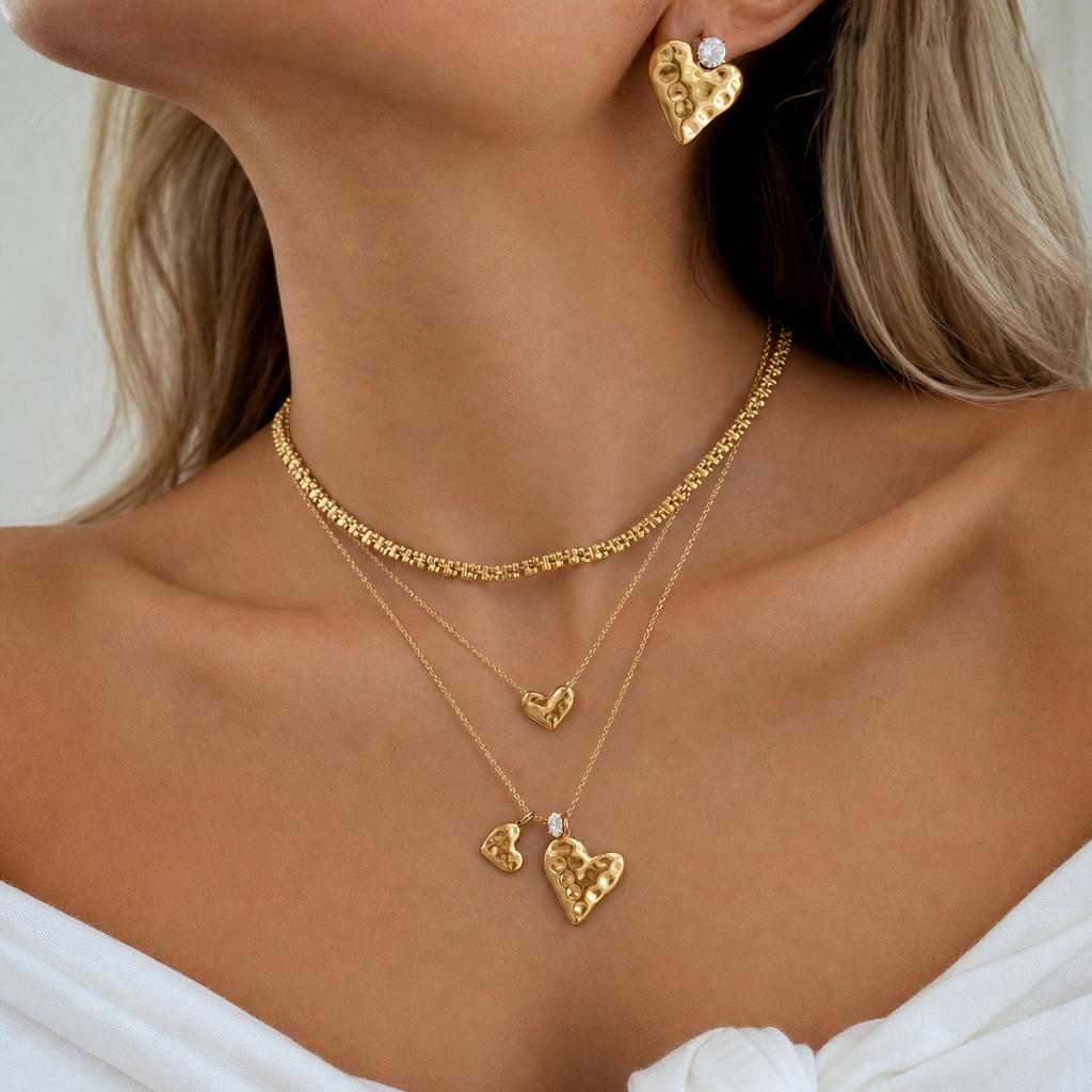 Stainless Steel Heart Necklace Luxury Niche Accessory Women Layered Necklace Earrings Vacuum Gold Plating Waterproof Jewelry
