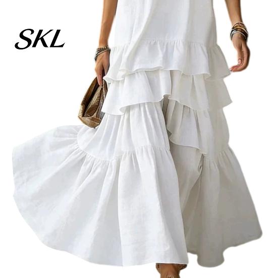 Women Dress Women's Sleeveless Summer Long Tank Dress, V Neck Tiered Layered Lotus Leaf Skirt Ruffle Maxi Casual Loose Flowy Beach Sundress