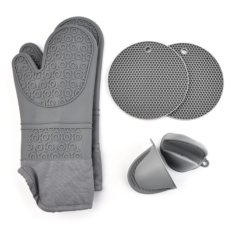 Guanti da forno extra lunghi in silicone imbottito di cotone resistenti al calore, set da 6 pezzi