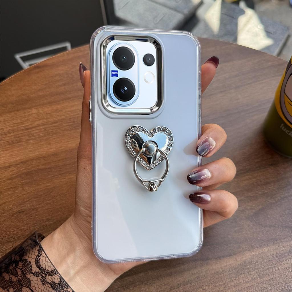 Luxury Bling Rhinestone Heart Ring Bracket Clear Phone Case for Vivo V60 Stand Cover