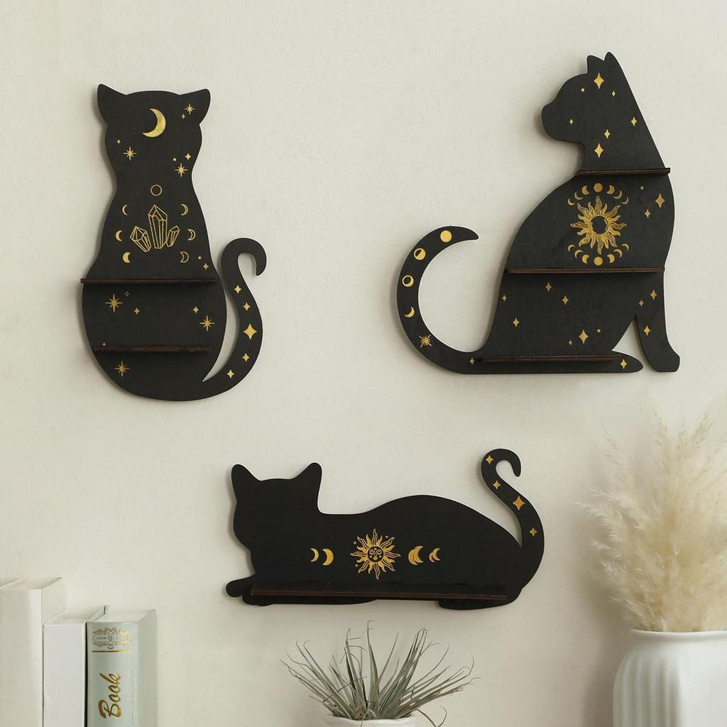 Wooden Wall Catshaped Shelf Gothic For Crystals Decor