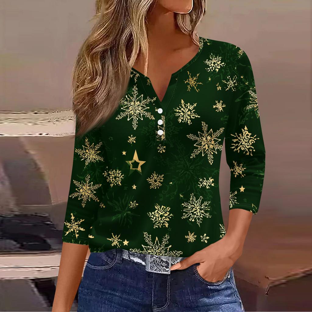 Dámský ležérní módní top s výstřihem do V, volný, všestranný, s vánočním potiskem, tříčtvrteční rukáv