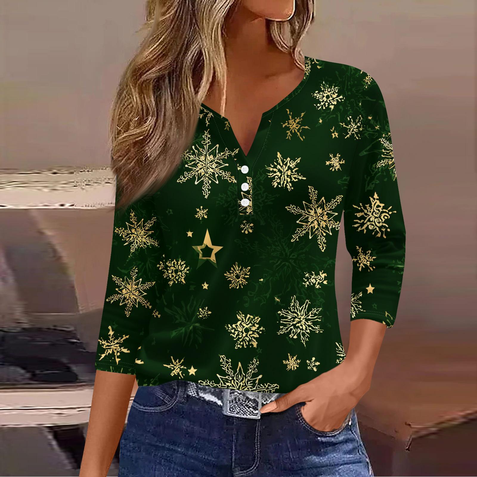 

Женский повседневный модный топ с V-образным вырезом, свободного кроя, универсальный, с рождественским принтом, рукав три четверти XL