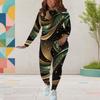 Women Plus Size Printed Round Neck Long Sleeve Top And Fitted Pants Two Piece Set