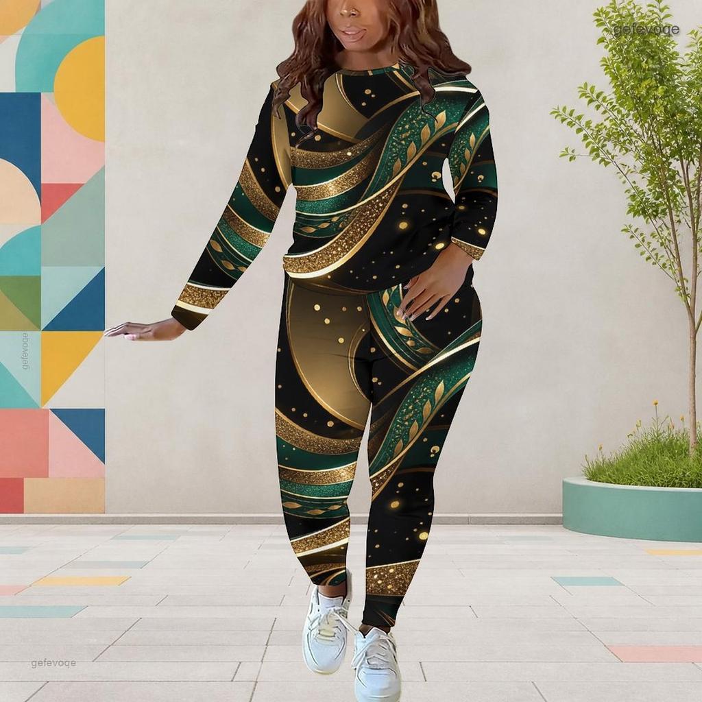 Women Plus Size Printed Round Neck Long Sleeve Top And Fitted Pants Two Piece Set