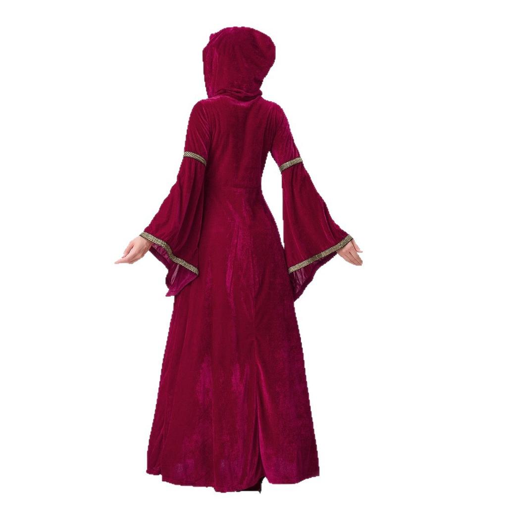 Halloween Adult Costume European Medieval Court Style Hooded Retro Long Dress Noble Queen Performance Costume