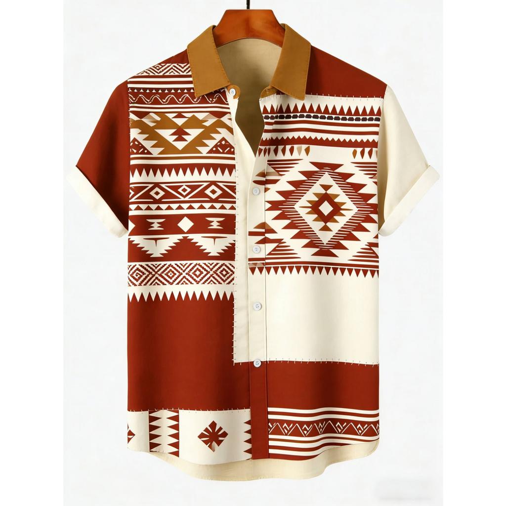 2026 Men's Summer Retro Linen Short Sleeve Lapel Shirt Indian Pattern 3D Print Hawaiian Outdoor Casual Clothes Men's Tops